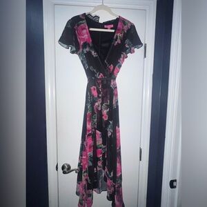 NWOT- Betsey Johnson Vibrant Pink and Black Floral Maxi Dress